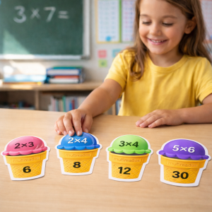 Niña de primaria usando material didáctico tablas de multiplicar Multihelados, tarjetas de helados plastificadas sobre mesa en aula escolar.