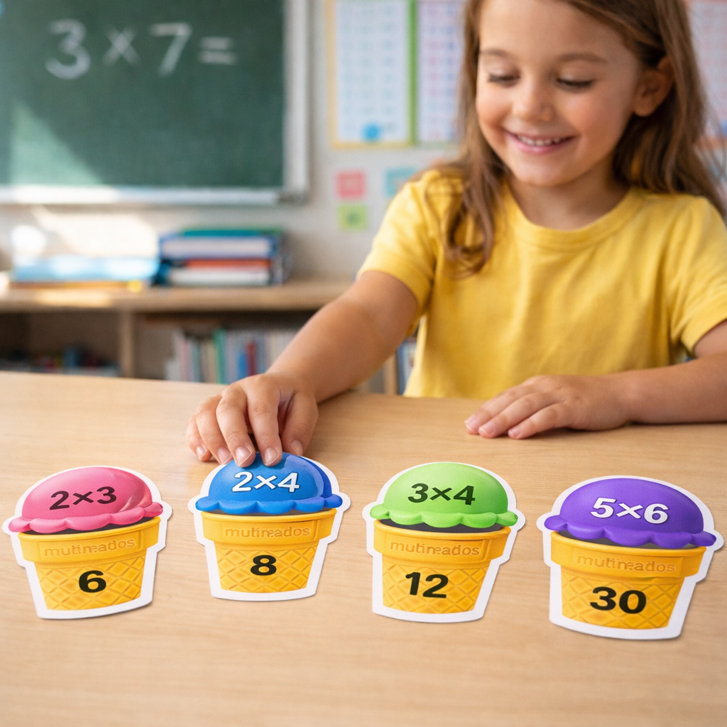 Niña de primaria usando material didáctico tablas de multiplicar Multihelados, tarjetas de helados plastificadas sobre mesa en aula escolar.