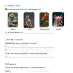 hoja de trabajo primaria sobre especies mexicanas en riesgo de extinción con actividades de observar animales, responder preguntas y relacionar jaguar, lobo, guacamaya y ajolote