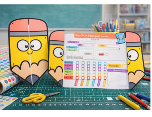 Reportes de desempeño escolar creativos para primaria en forma de lápiz.