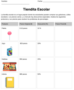 actividad porcentajes primaria con ejercicios de descuentos en tiendita escolar