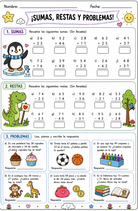 Hoja de sumas y restas para niños de primer grado