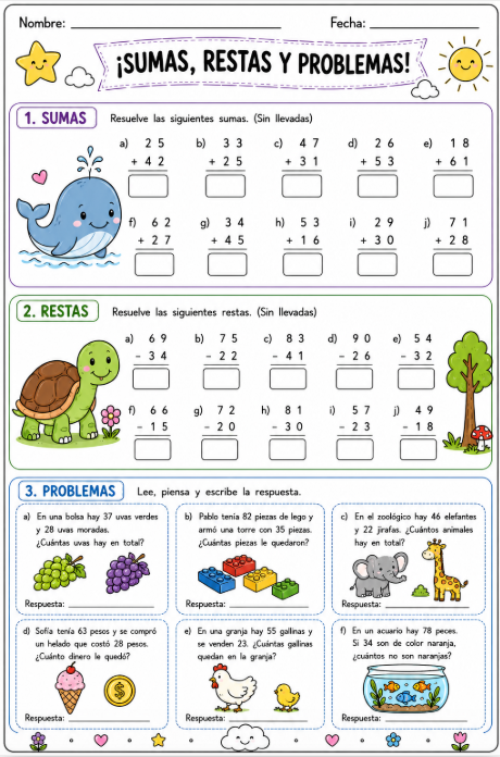 Hoja de sumas y restas para niños de primer grado