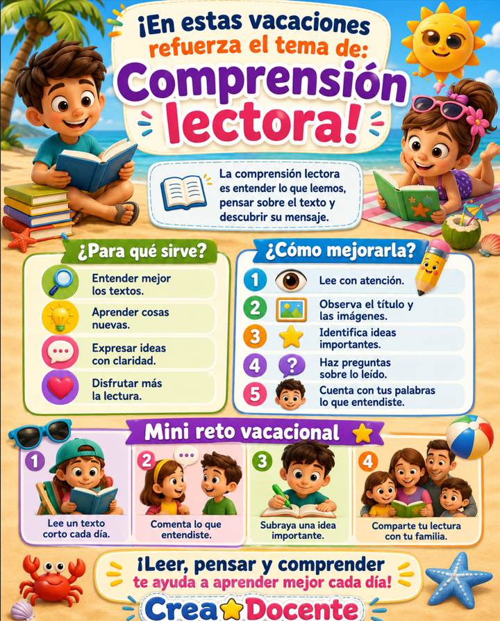 Infografía de comprensión lectora para niños de primaria con estrategias para entender mejor los textos.