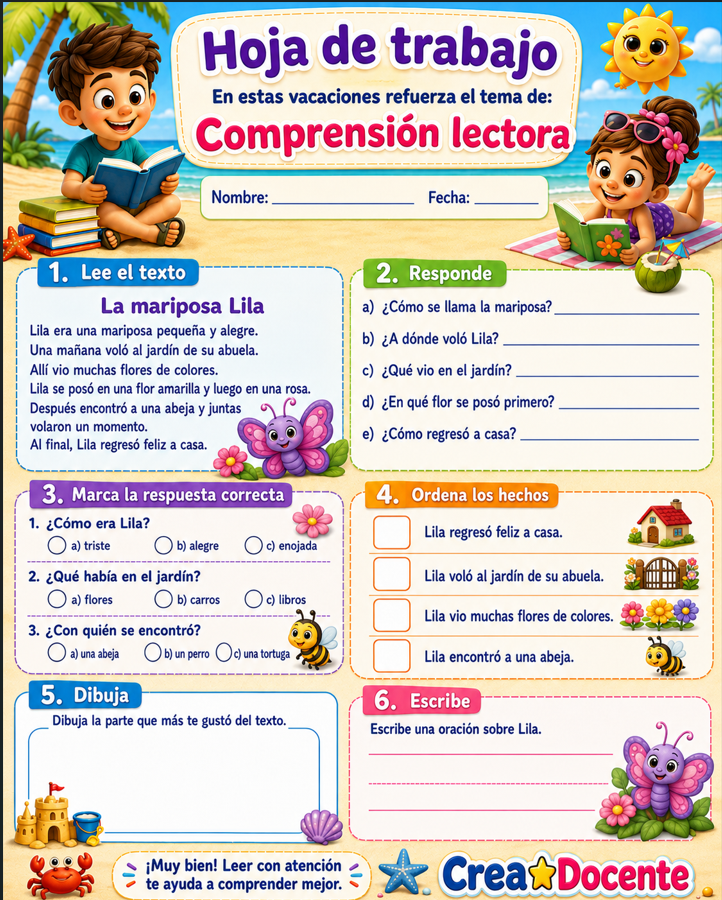 Hoja de trabajo 1 de comprensión lectora con lectura corta, preguntas y actividades de secuencia.