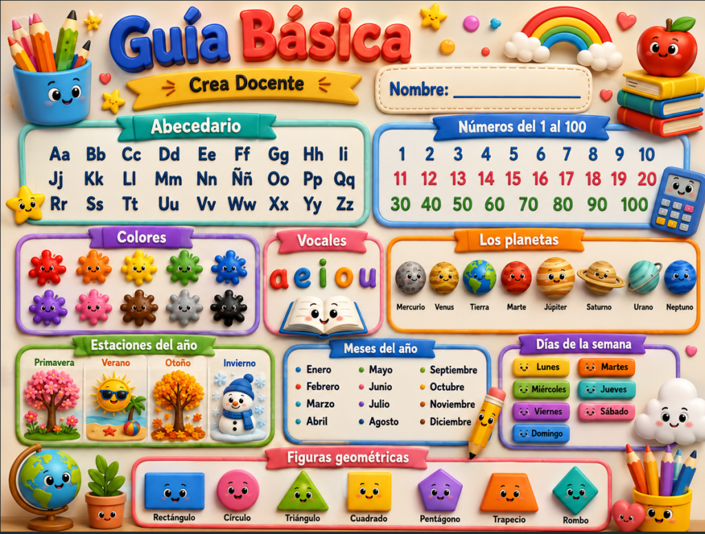 Guía básica para niños con temática escuela kawaii que incluye abecedario, números del 1 al 100, colores, vocales, planetas, estaciones del año, meses, días de la semana y figuras geométricas.